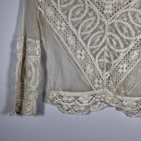Antique Edwardian Net Lace Blouse Floral Embroidery Crochet Silk Cotton 1900s - Picture 4 of 16